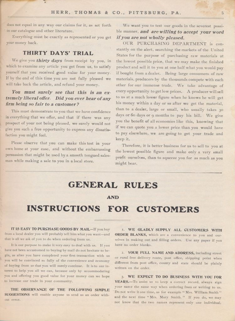 explanation of Thirty Days' Trial of products and General Rules and Instructions for Customers