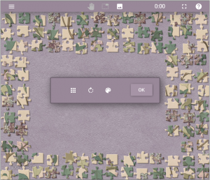 Screenshot of digital jigsaw puzzle with purple background. 