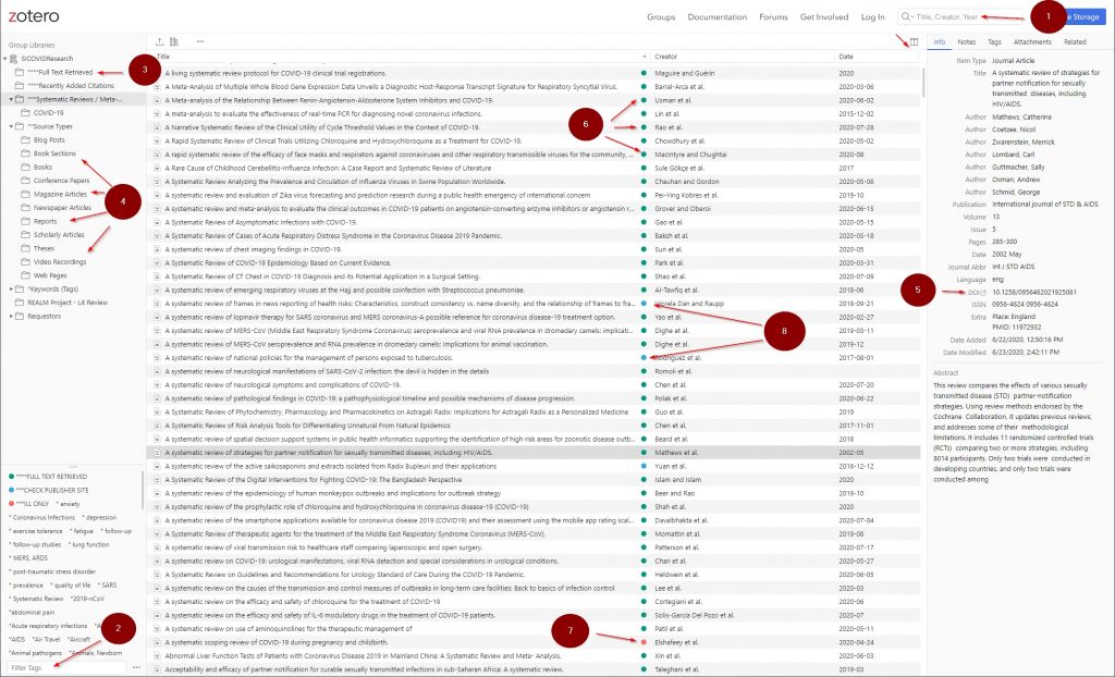 Screenshot from citation database Zotero, with numbers to show particular areas. 