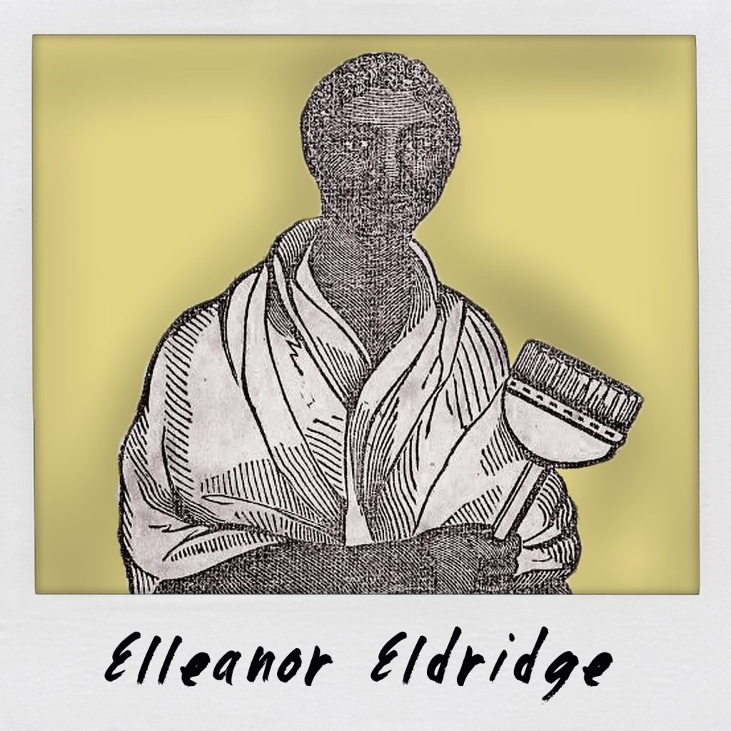 Graphic featuring black and white engraving of African American woman holding broom. 