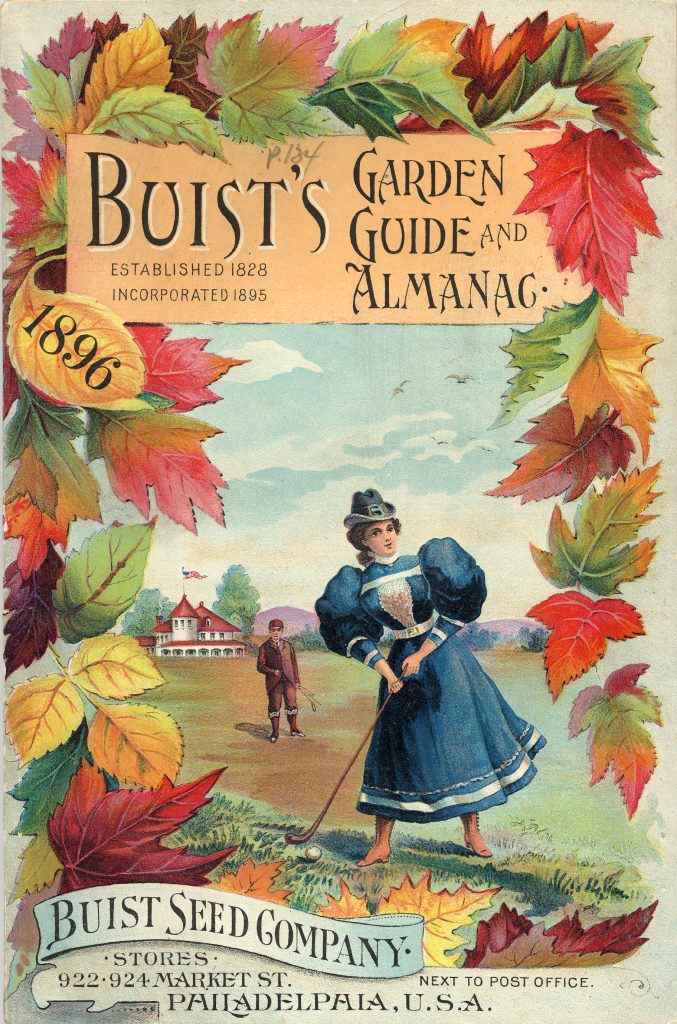 Seed catalog cover with woman playing golf and autumn leaves.