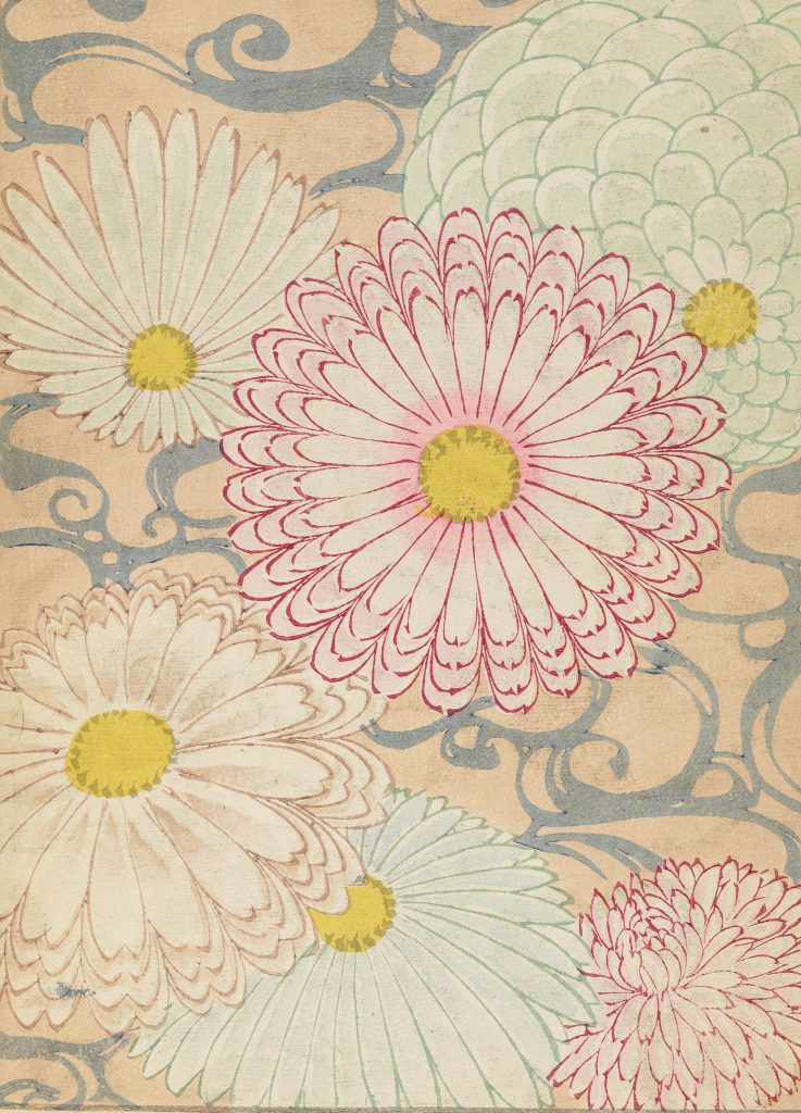 Pattern with peach background and five large, abstract mums.