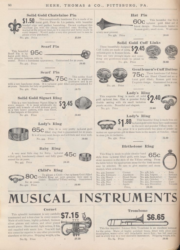 jewelry including pins, cuff links, cuff bottoms, and rings and musical instruments including cornet and trombone