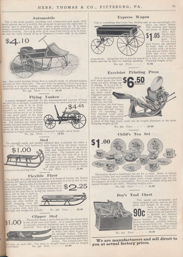 Child's "automobile," wagons, sleds, printing press, child's tea set, and boy's tool chest