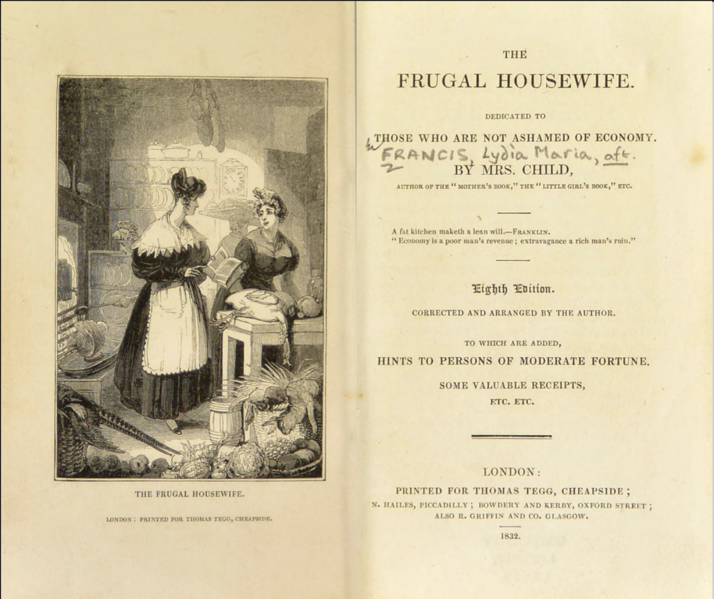 Page opening of book. Left side with engraved scene of women in 19th century kitchen. Right side title page text for "The Frugal Housewife". 