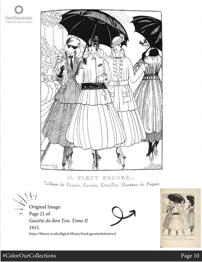 Black and white illustration of a group of women in dresses with umbrellas.