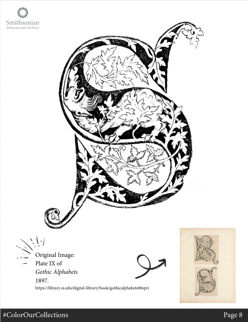 Black and white illustration of illuminated letter S