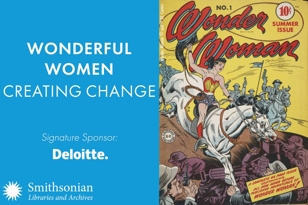 Graphic for Wonderful Women Creating Change event featuring image of Wonder Woman comic