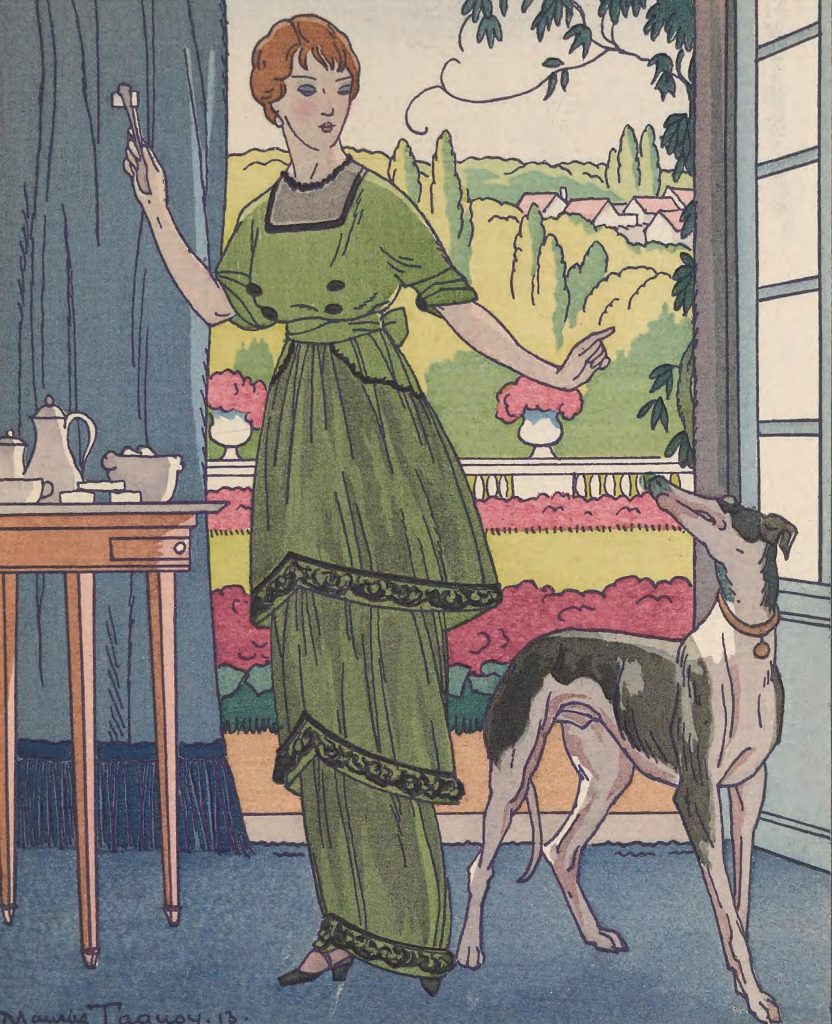 Illustration of woman in green dress with dog standing in front of window. 