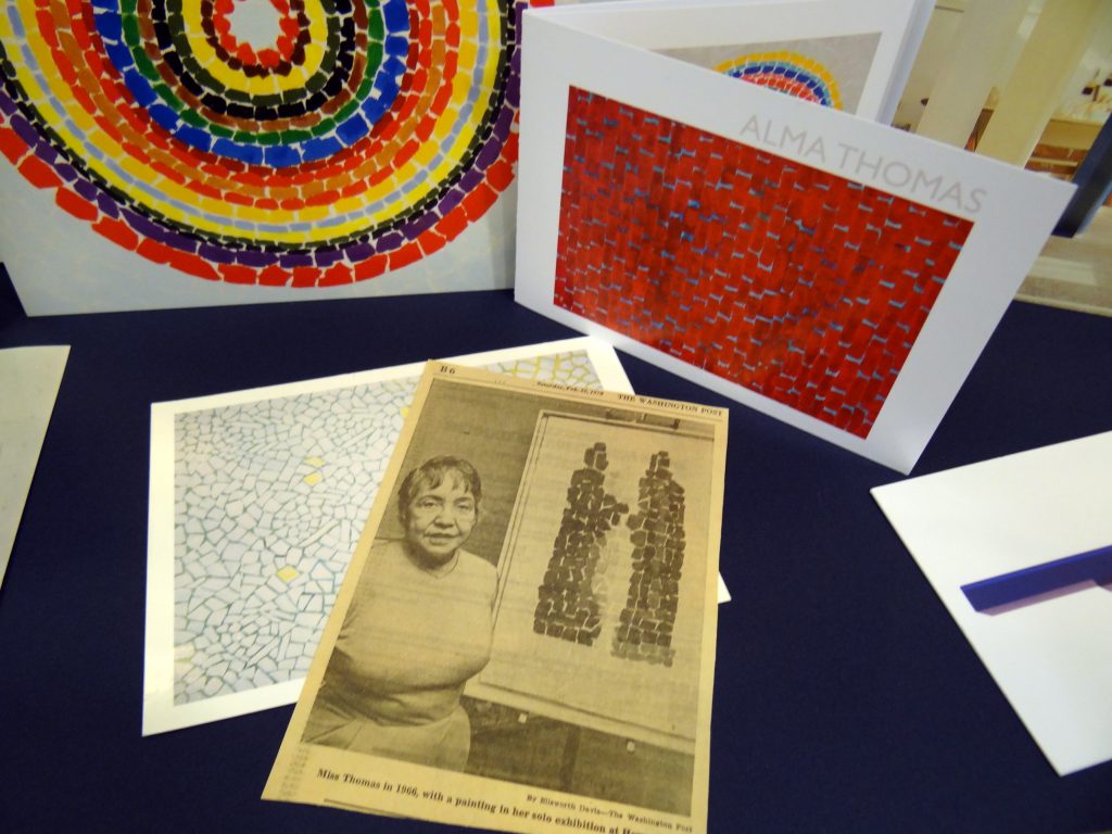 Ephemera showing art work and information about artist Alma Thomas.