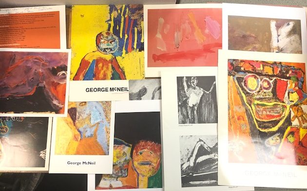 Photo of an array of ephemera for George McNeil. This is an example of the type of materials Natalia Addison worked with during her internship.