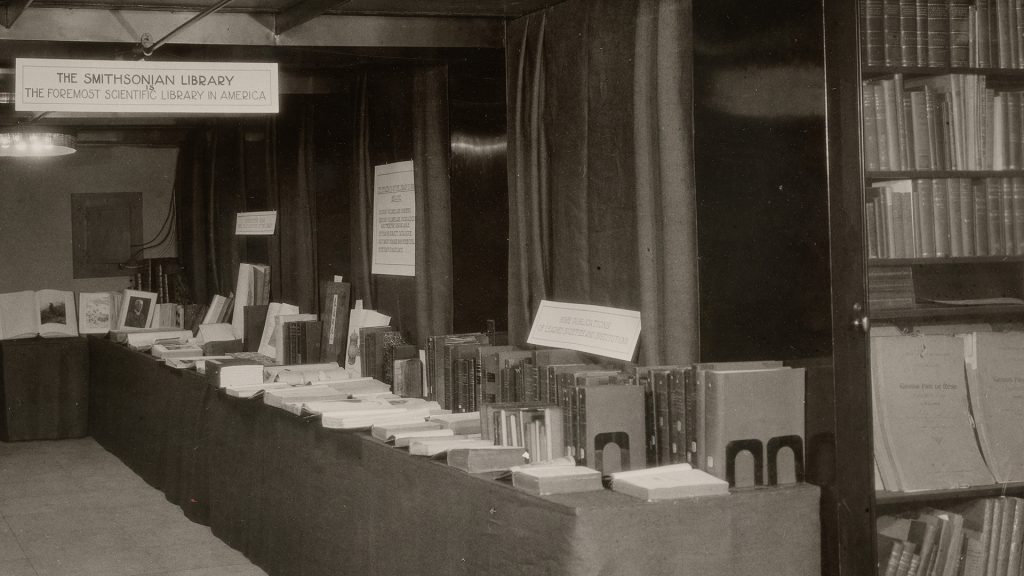 Black and white photograph of library display. 