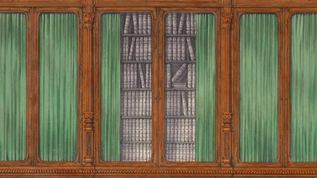 Book illustration of book shelves with green curtains.