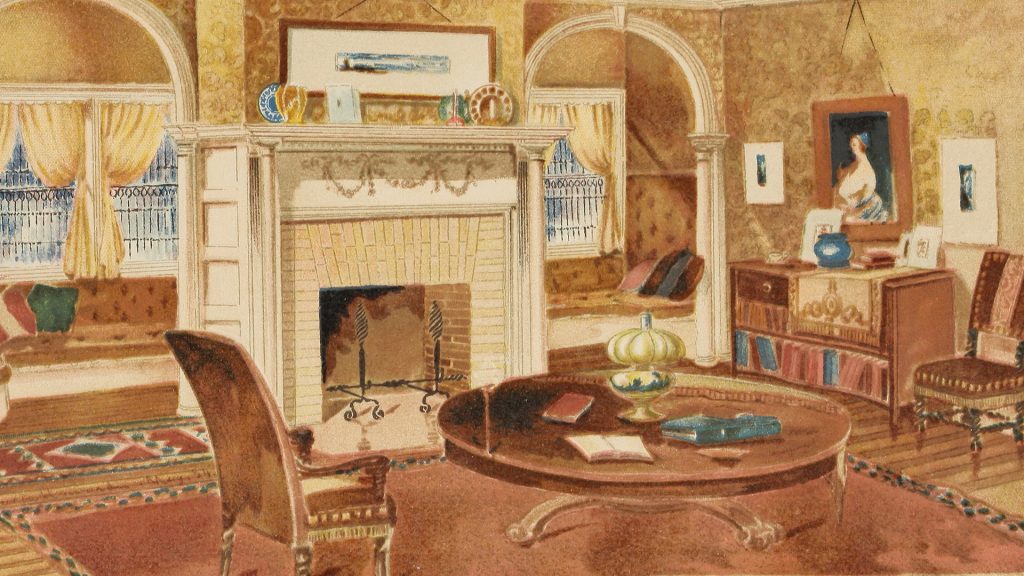 Book illustration of living room with fireplace.