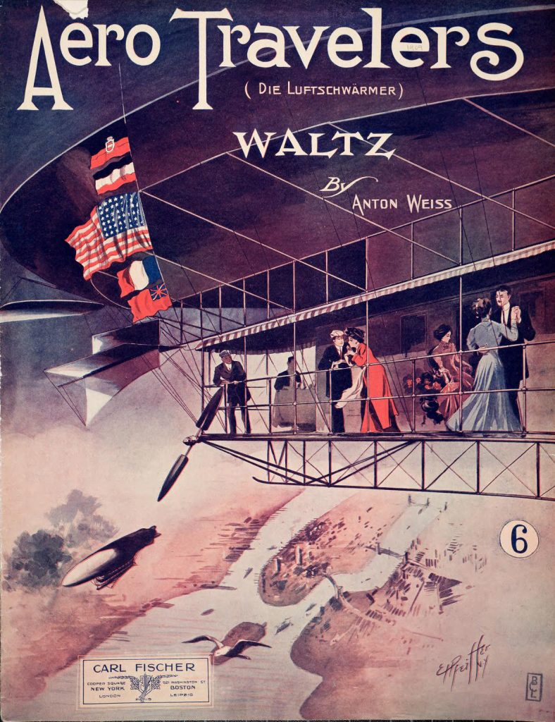 Cover of early 20th century sheet music. Illustration of several travelers dancing on early aircraft. 