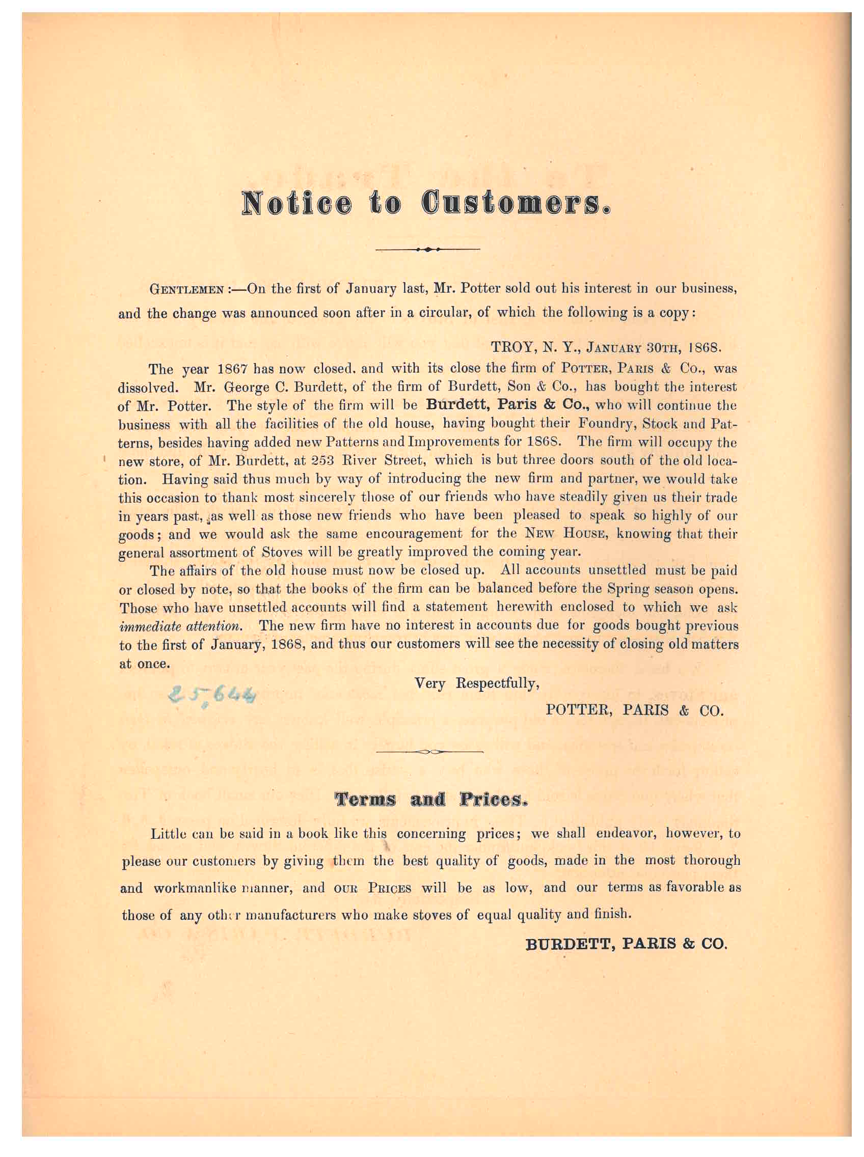 Notice to Customers with circular written by Potter, Paris & Co. and Terms and Prices written by Burdett, Paris & Co.