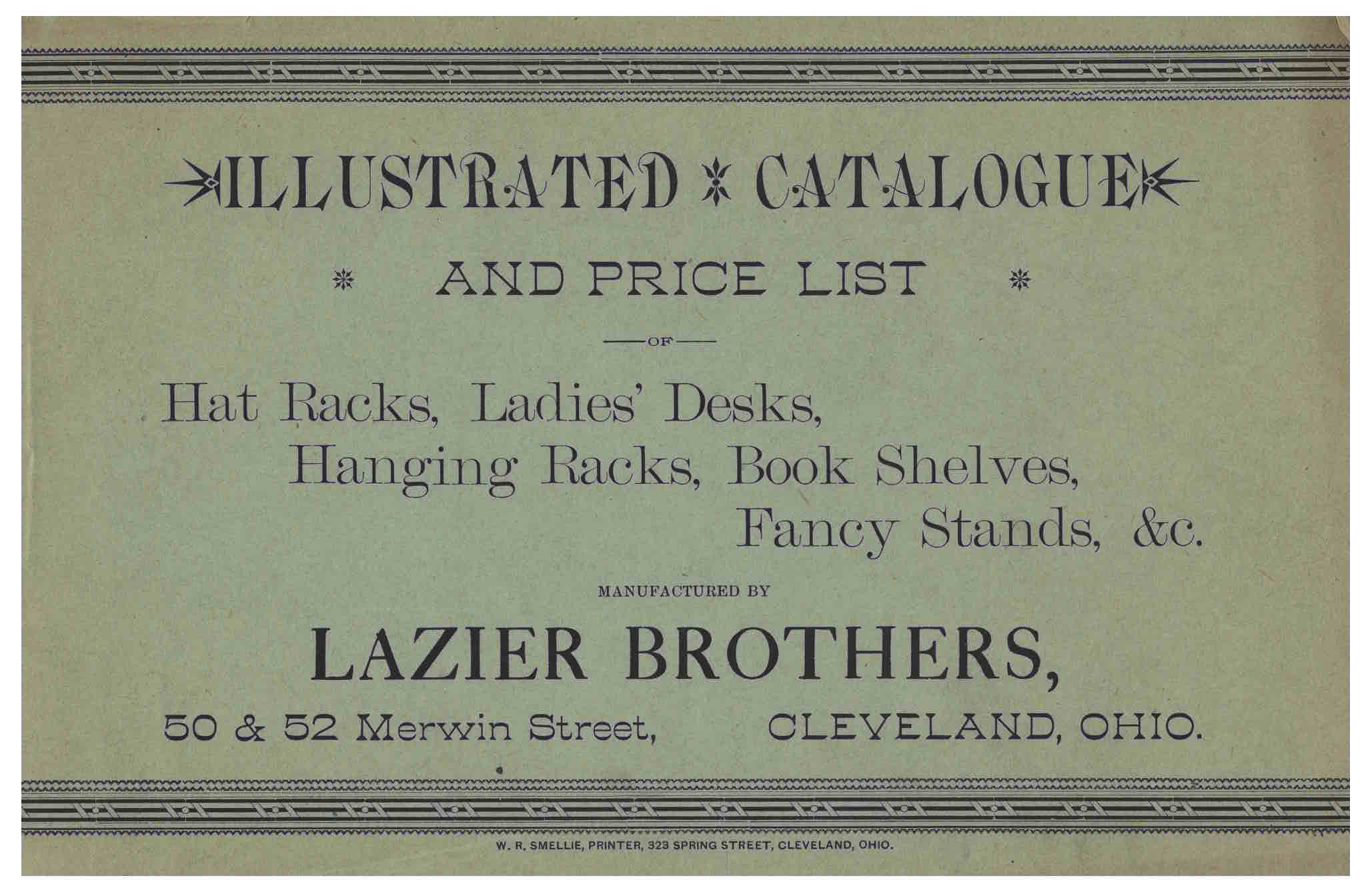 front cover of Lazier Brothers trade catalog titled Illustrated Catalogue and Price List of Hat Racks, Ladies' Desks, Hanging Racks, Book Shelves, Fancy Stands, &c.