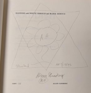 Title page of Allen Ginburg's "Kaddish, White Shroud and Black Shroud" with author's signature and drawing of a flower. 