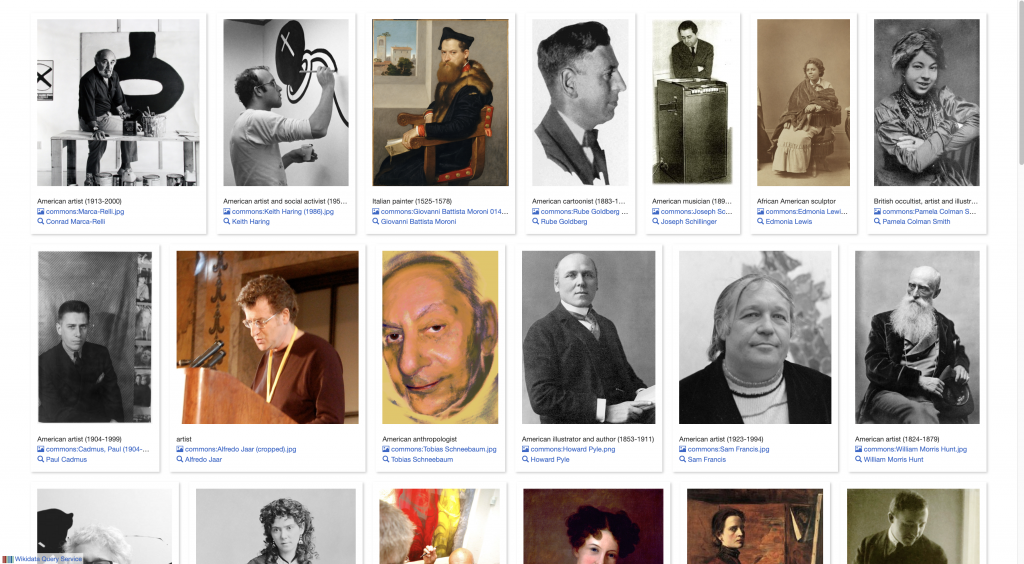Screenshot of portraits of artists with biographical data. 