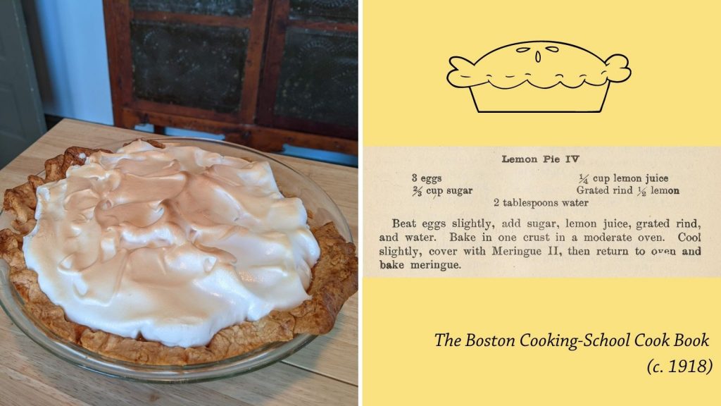 Collage image. Photo of Lemon Meringue Pie on left. Vintage recipe on right. 