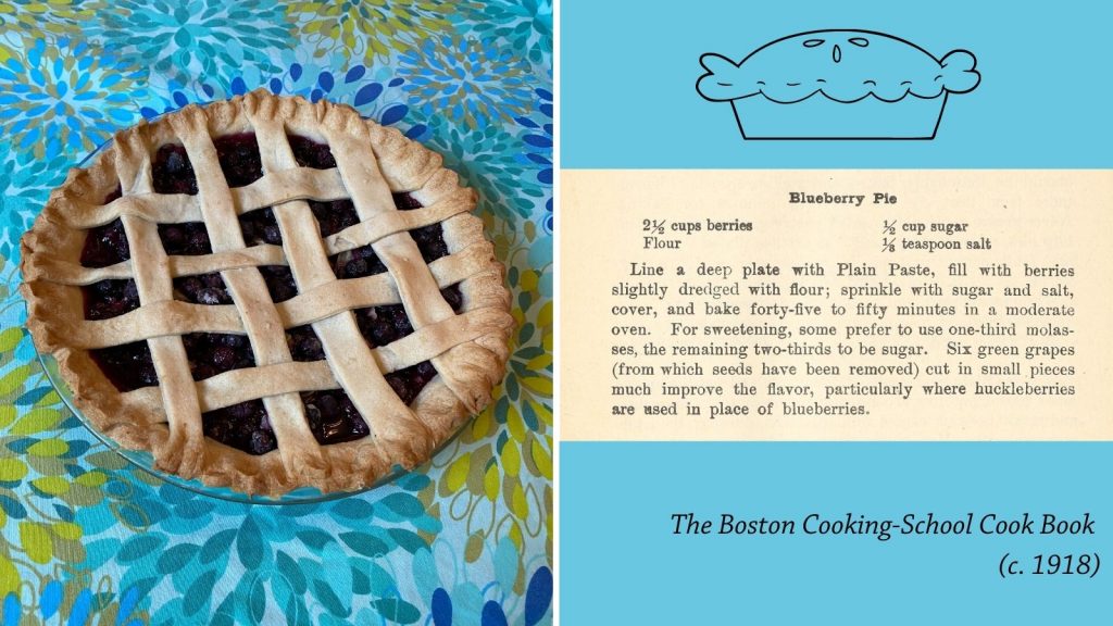 Collage image. Left side: photo of blueberry pie. Right side: Vintage recipe. 