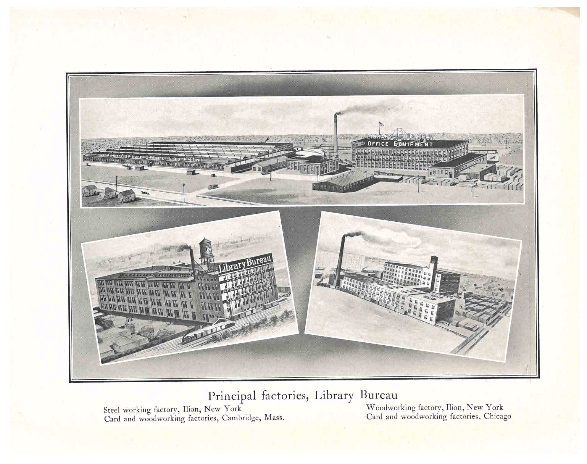 three images of Library Bureau factories and buildings