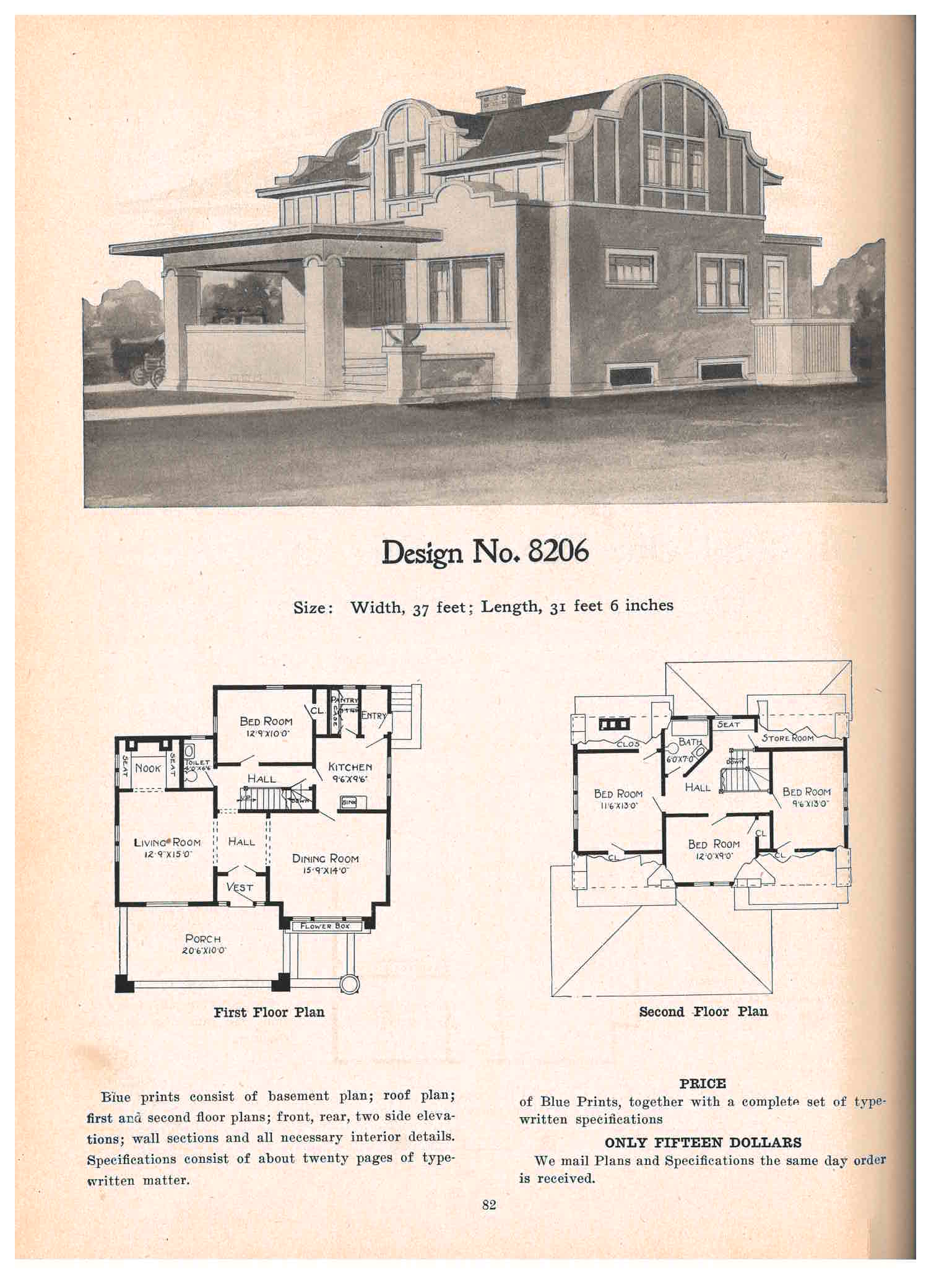 perspective view and floor plans of two floor house consisting of living room with nook, dining room, kitchen, bedroom, and bathroom on first floor and three bedrooms, store room, and bathroom on second floor