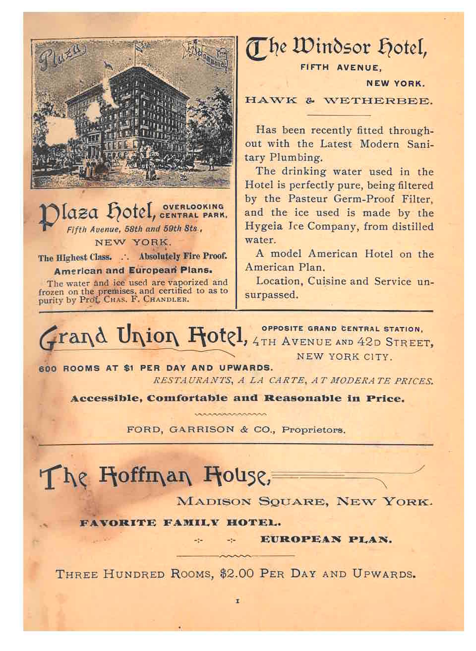 hotel advertisements for four hotels in New York City including a picture of the Plaza Hotel