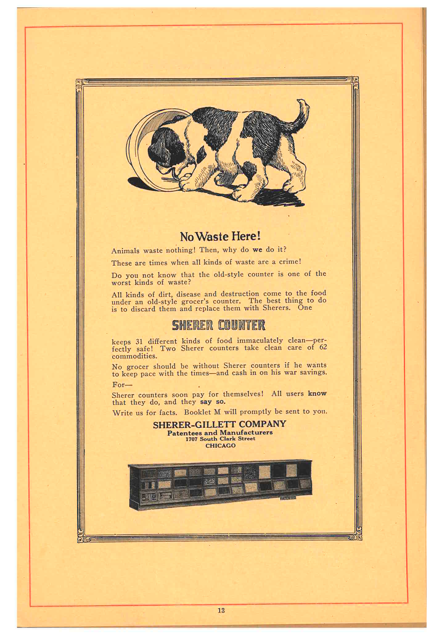 advertisement for Sherer Counter “No Waste Here!” with image of Sherer Counter