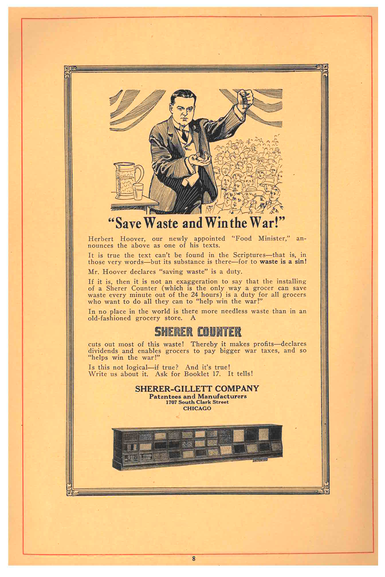 advertisement for Sherer Counter “Save Waste and Win the War!” with image of Sherer Counter