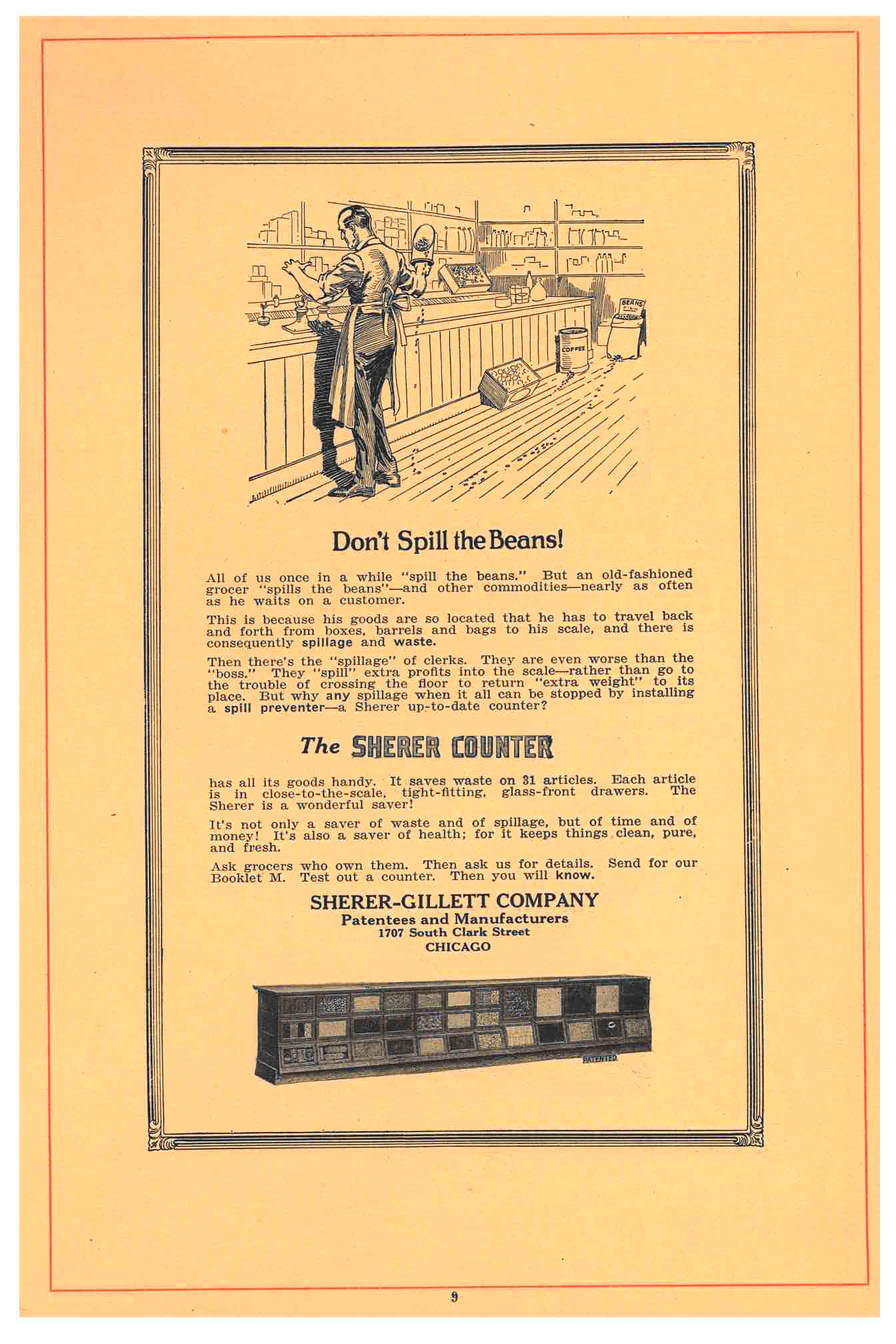 advertisement for Sherer Counter “Don’t Spill the Beans!” with image of Sherer Counter