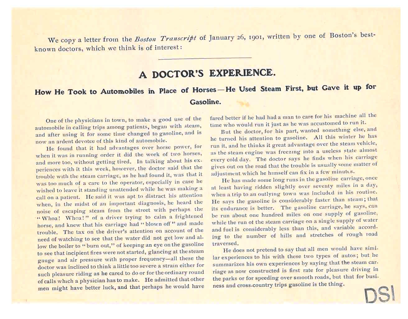 letter describing a doctor's experience from the Boston Transcript dated January 26, 1901