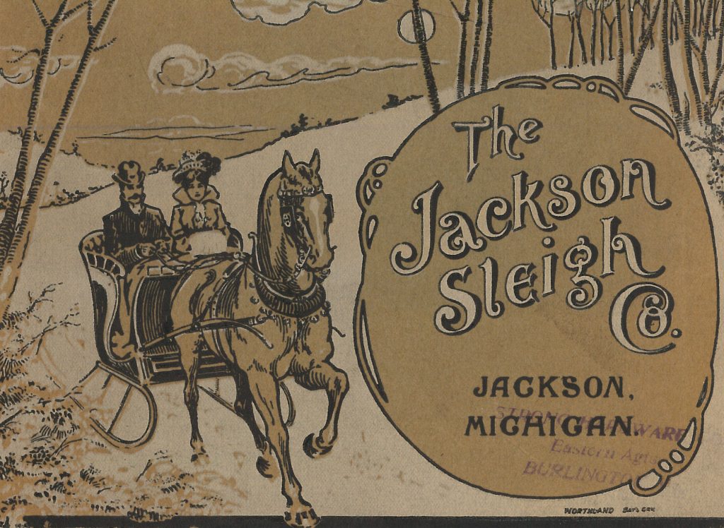 Cover of trade catalog with couple riding in horse-drawn sleigh.