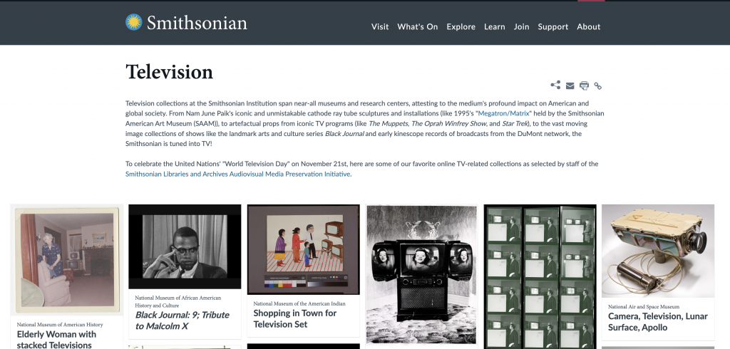 Screenshot with several thumbnails of television-related Smithsonian collection items. 