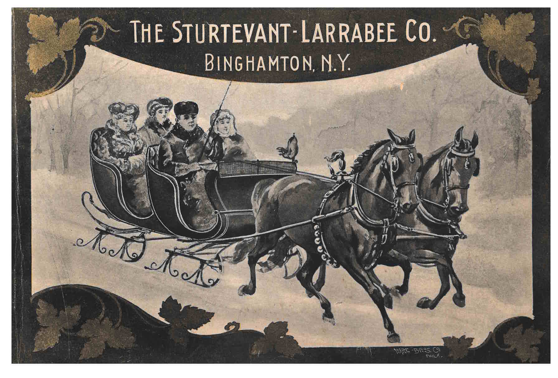 four people riding a sleigh in two rows of seats with two horses pulling it through a snowy landscape