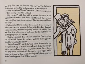 A page of the book with an illustration of Tiny Tim on the shoulders of his father, Bob Cratchit.