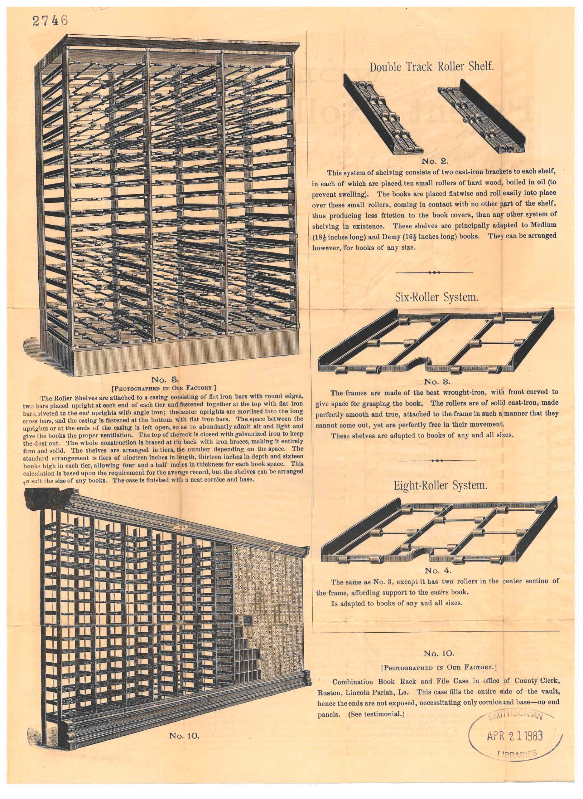 various illustrations of Wolfe’s Patent Roller Shelving and Wundt’s Patent File Receptacles, including a combination case and details of the roller shelf system