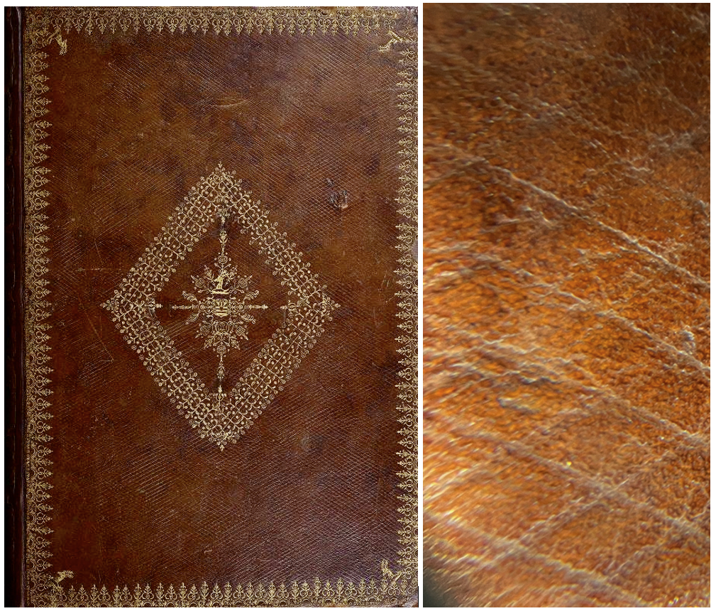 Brown leather book cover with gilded decoration and small crosshatch pattern on leather, next to close-up of pattern.