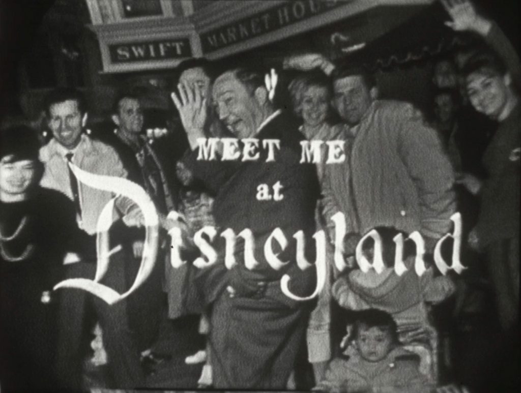 A crowd of people wave at the camera, which has superimposed text of television program: Meet Me at Disneyland.